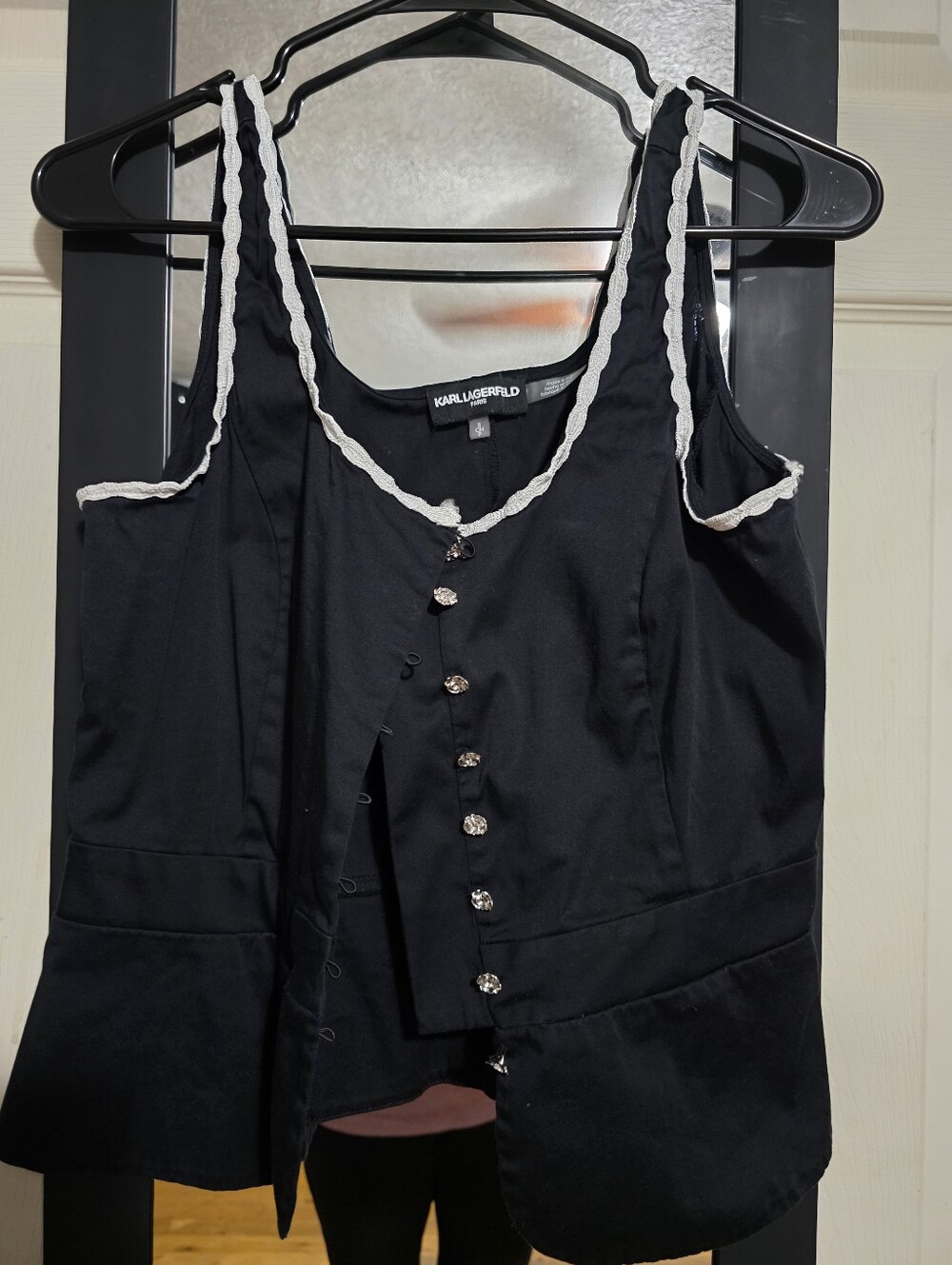 Karl Lagerfeld Black Camisole with White Trim and Decorative Buttons